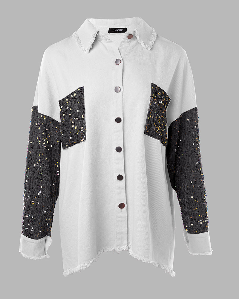 Casual Jacket Sequin Patchwork Long Sleeve Jacket Top Button Front Raw Hem Oversized Denim Shacket