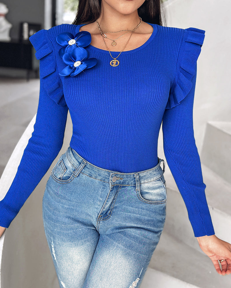 Floral Decor Ruffle Hem Pullover Knit Sweaters Long Sleeve Crewneck Tops