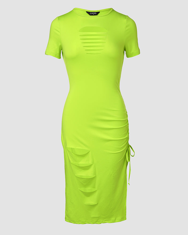 O-neck Short Sleeve Solid Color Cut-Out Ruched Drawstring Bodycon Dress with Side Slit