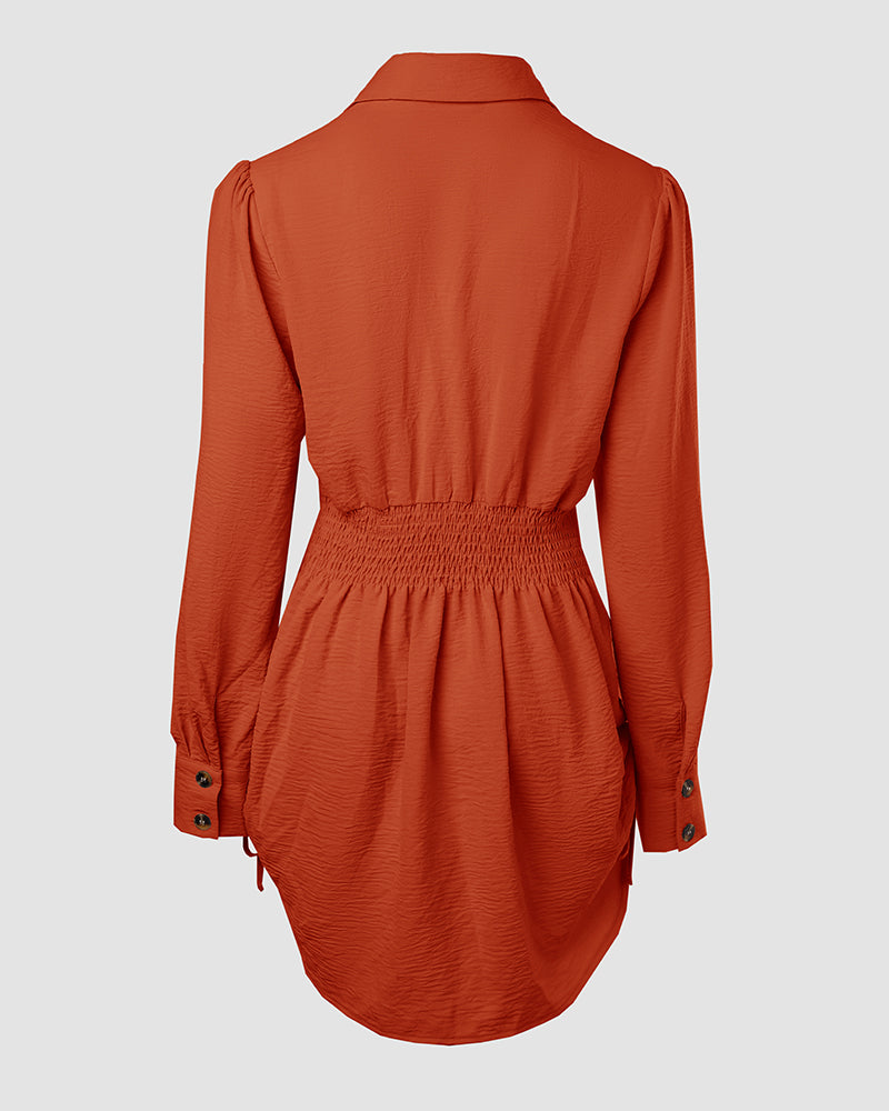 Button Down Shirt Dress Roll Tab Sleeve Side Drawstring Mini Dresses