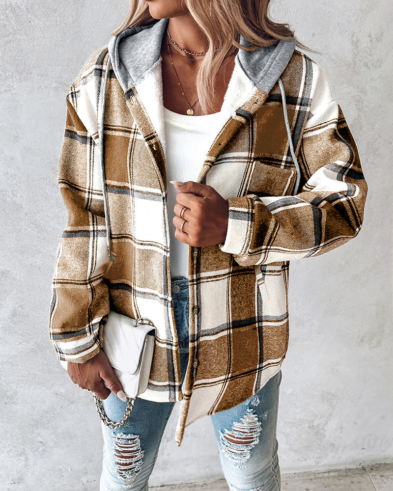 Plaid Pattern Long Sleeve Shacket Button Down Fleece Lined Hooded Jackets Warm Coat