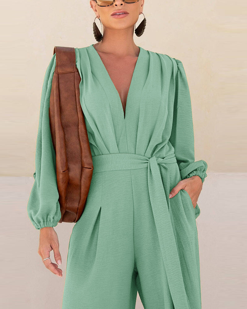Deep V Neck 3D Design Tie Waist Ruched Overalls Casual Cinched Waist Zipper Back Textured Jumpsuit with Belt