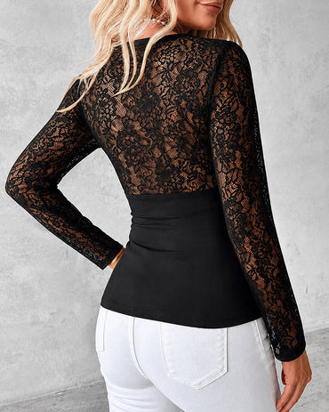 Women's V Neck Lace Patchwork Top Sexy Long Sleeve Slim Fit Blouse Floral Gold Button Front Slit Peplum Top