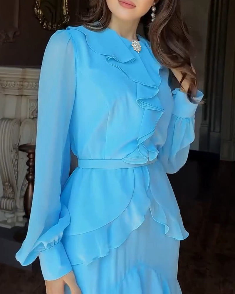 French Style Rhinestone Decor Ruffles Round Neck Lantern Sleeve Asymmetrical Hem Dress Zipper Back Layered Ruffle Hem Chiffon Evening Dress with Belt