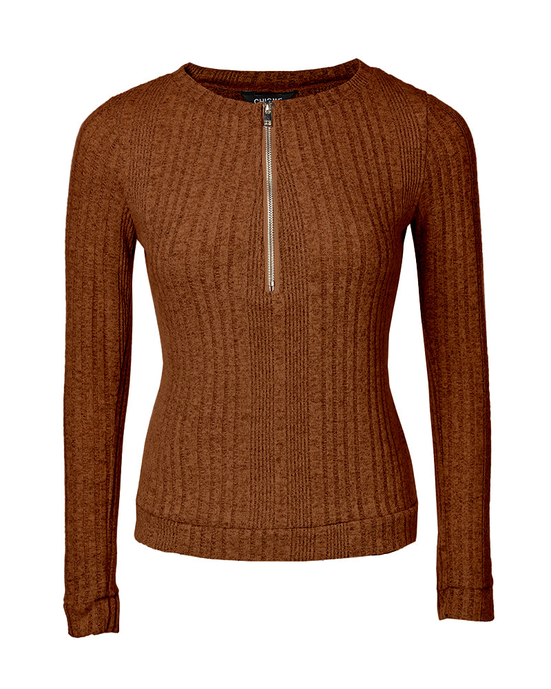 Crewneck Long Sleeve Ribbed Top Half Zipper Design Casual Pullover Tops