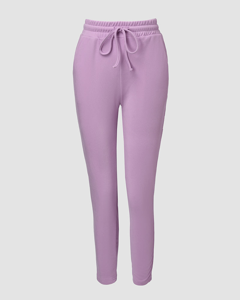 2 Pieces Outfit Long Sleeve Skew Neck Pullover Top and Drawstring Elastic Waist Slim Fit Pants Set
