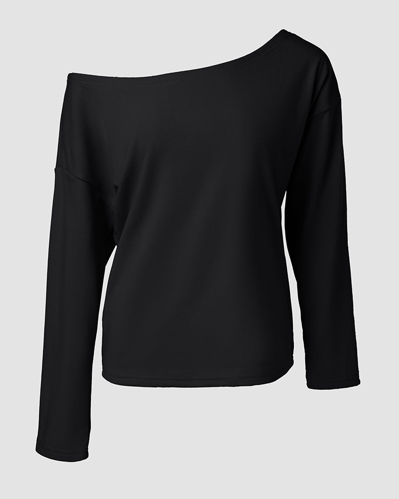 2 Pieces Outfit Long Sleeve Skew Neck Pullover Top and Drawstring Elastic Waist Slim Fit Pants Set