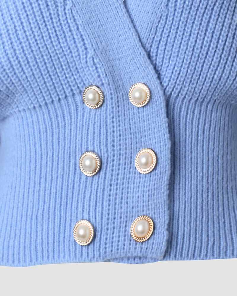 Pearls Decor V-Neck Double Breasted Knit Cardigan Casual Frill Trim Decor Sweater