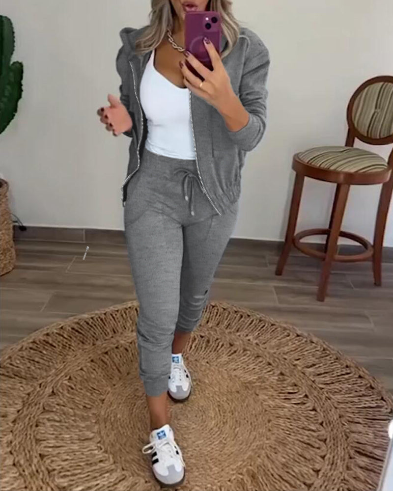 2 Pieces Outfit Long Sleeve Zip Up Flap Pockets Design Stretchy Hem Hoodie Coat and Drawstring Elastic Waist Slim Fit Pants Set