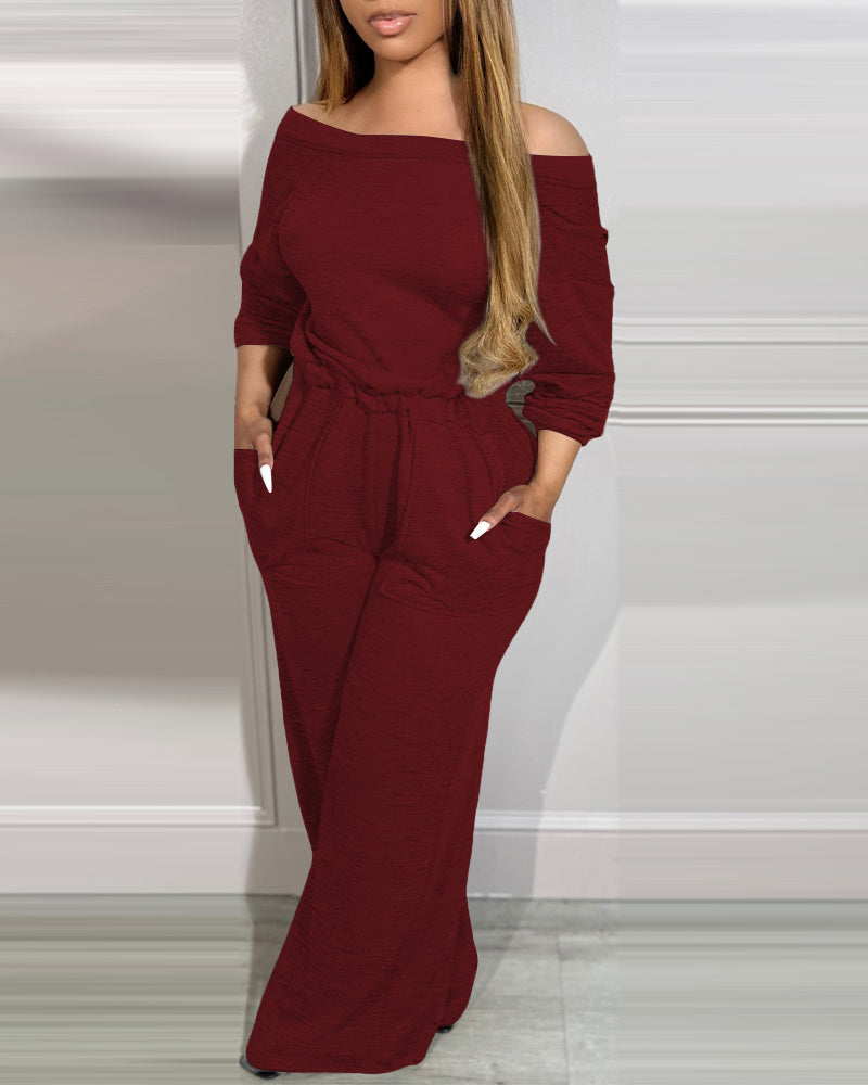 Off Shoulder V-Back Elastic Waist Pockets Design Jumpsuit Casual Drop Shoulder Cinched Waist Wide Leg Jumpsuit