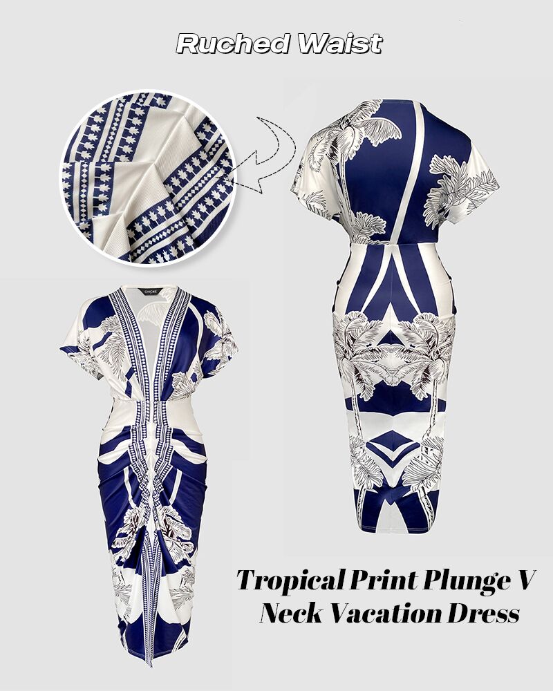 Tropical Print Deep V Neck Ruched Waist-Gathered Dress Front Slit Slim Fit Vacation Dress