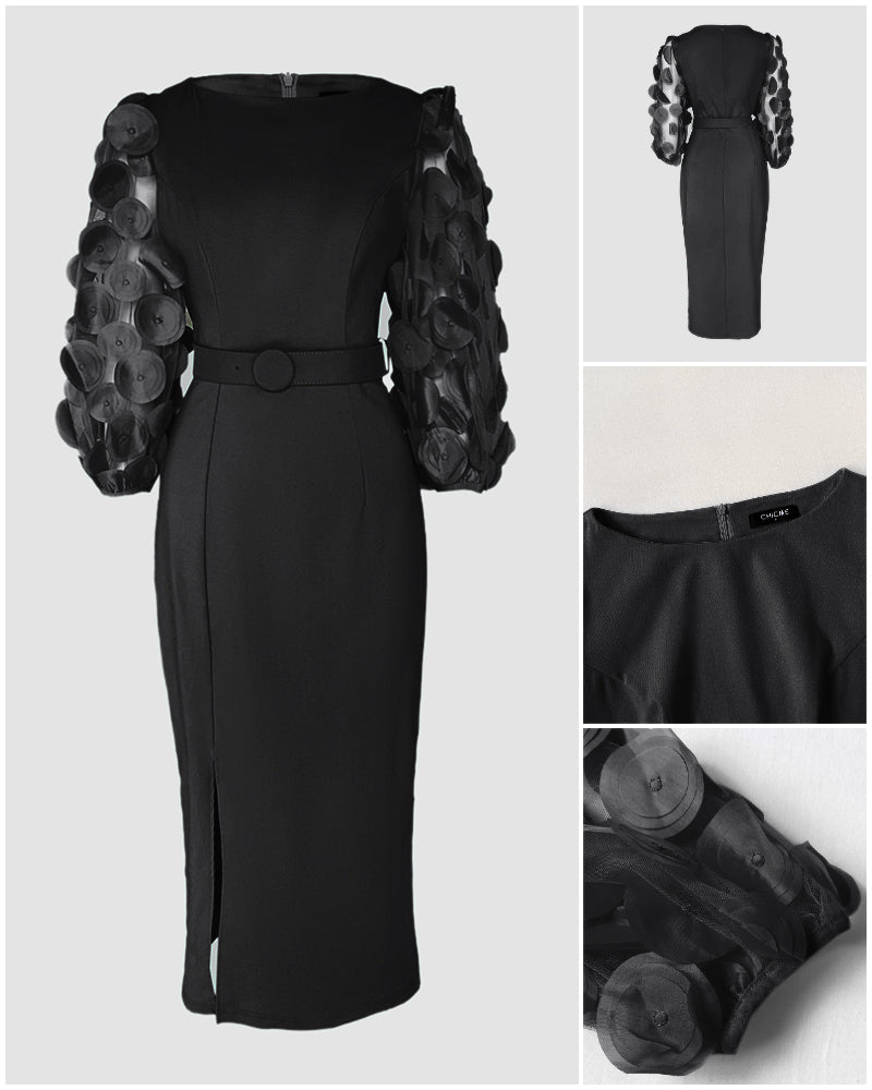 3D Polka Dot Appliques Mesh Lantern Sleeve Zipper Back Slit Work Dress Cinched Waist Slim Fit Mid-Length Dress With Belt