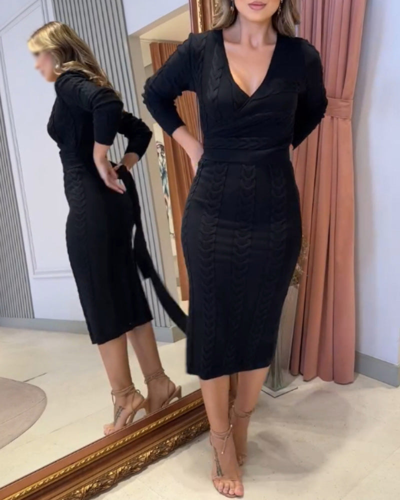 Cable Textured Overlap Deep V-Neck Long Sleeve Mid-Length Dress Tie Waist Slim Fit Knit Dress