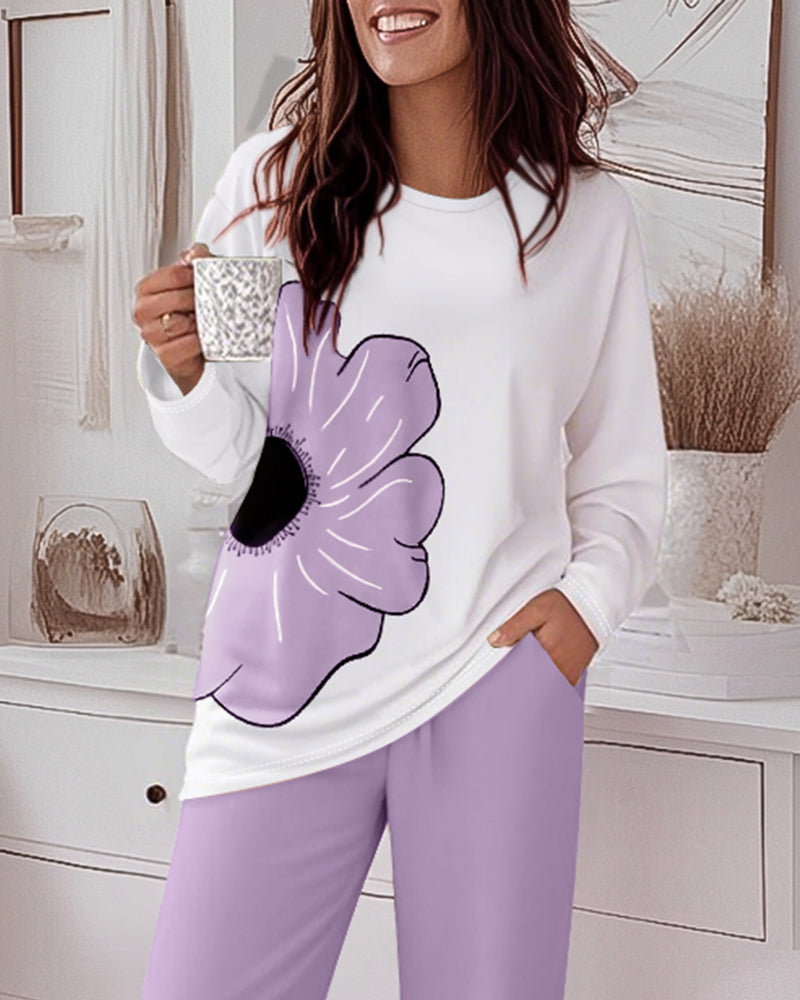 2 Pieces Outfit Floral Placement Print Long Sleeve Drop Shoulder Top and Elastic Waist Pants Set Causal Pajamas Set