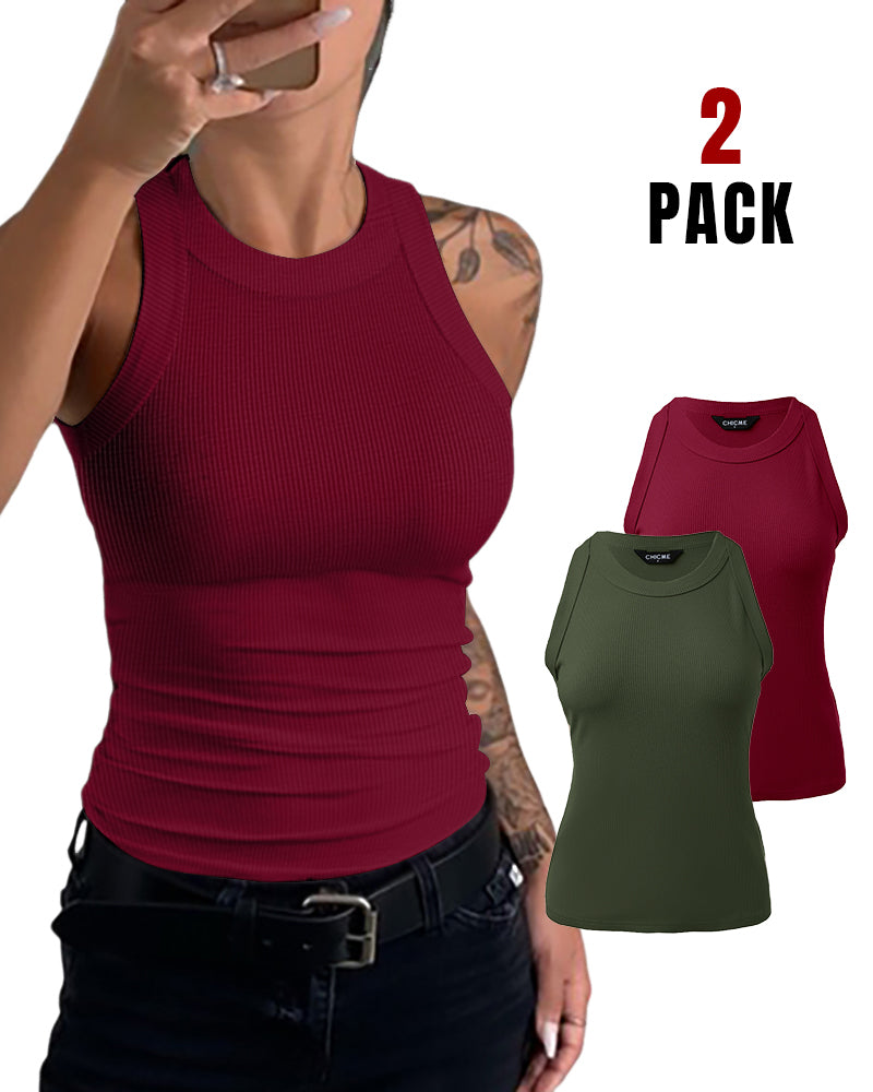 2-Pack Round Neck Thick Strap Racerback Ribbed Tank Slim Fit Tops without Bra Pads