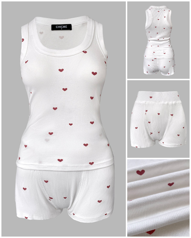 2 Pieces Outfit Heart Print U Neck Sleeveless Tank Top and Casual Strechy Waist Shorts Set Slim Fit Ribbed Pajamas Set
