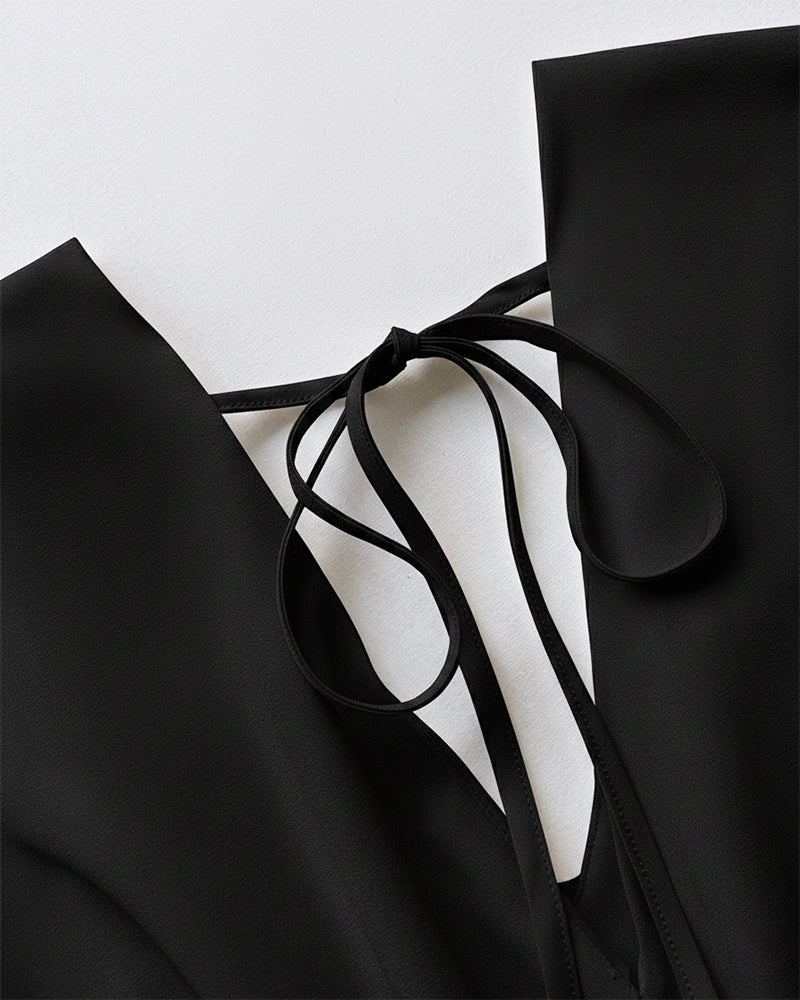 Deep V-Neck Ruched Three Quarters Sleeve Backless Overalls Casual Waist-Gathered Tied Detail Jumpsuit without Belt