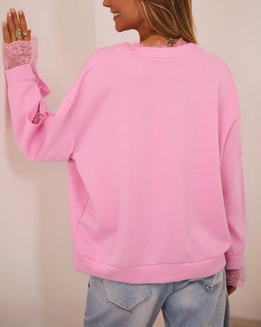 Women's Lace Patchwork Notch Neck Sweatshirt Casual Drop Shoulder Pullover Split Sleeve Top