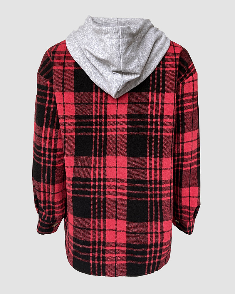Plaid Print Button Front Pocket Design Drawstring Hoodie Jacket Casual Asymmetrical Hem Thermal Lined Warm Coat