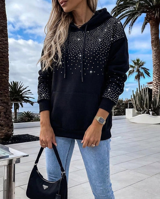 Women's Rhinestone Drawstring Hooded Sweatshirt Casual Sparkly Loose Fit Pullover