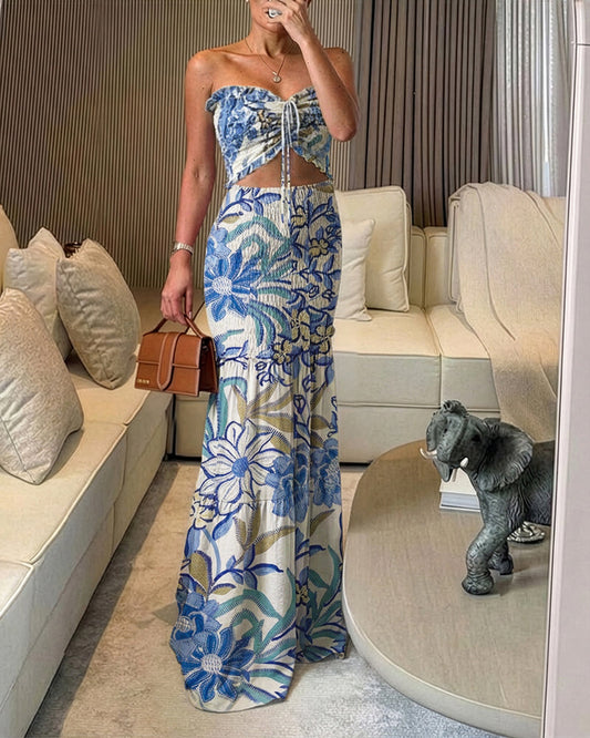 ChicMeLive Women's Tropical Floral Bandeau Dress Sexy Drawstring Cutout Shirred Waist Mermaid Dress Ruffle Hem Vacation Maxi Dress