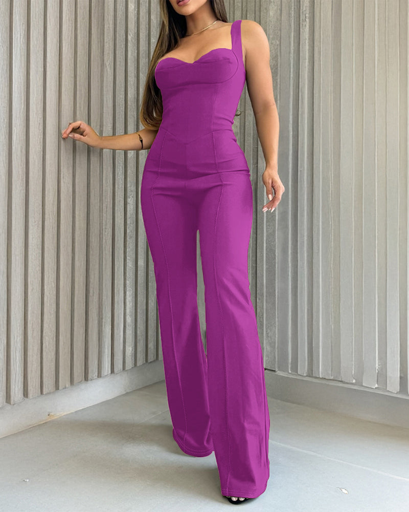 Sweatheart Neck Thick Strap Backless Lace-up Back Overalls Casual Seam Front Wide Leg Jumpsuit