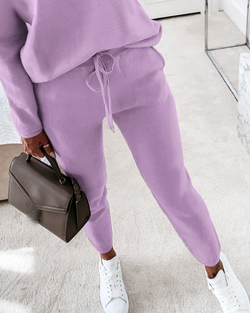 2 Pieces Outfit Long Sleeve Skew Neck Pullover Top and Drawstring Elastic Waist Slim Fit Pants Set