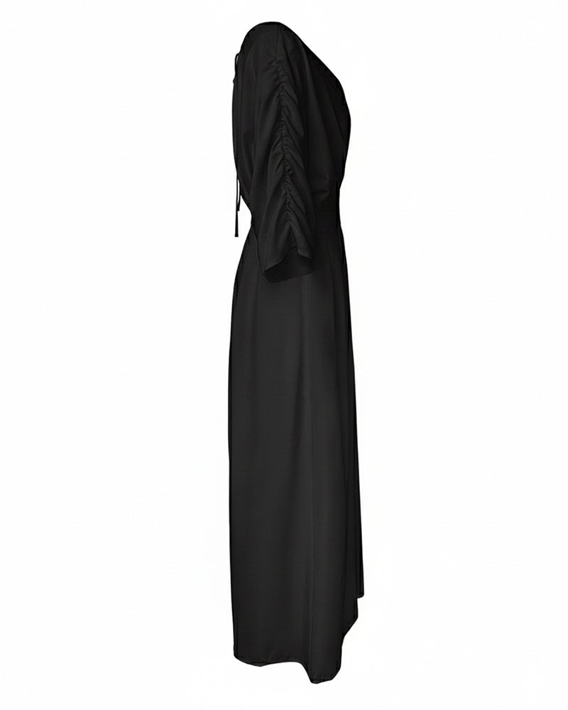 Deep V-Neck Ruched Three Quarters Sleeve Backless Overalls Casual Waist-Gathered Tied Detail Jumpsuit without Belt