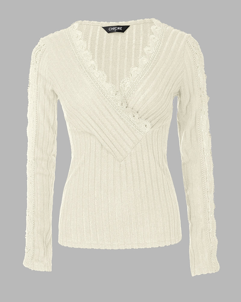Overlap V-Neck Lace Trim Hollow-out Long Sleeve Tee Slim Fit Ribbed Layering Top