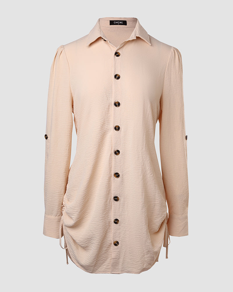 Button Down Shirt Dress Roll Tab Sleeve Side Drawstring Mini Dresses