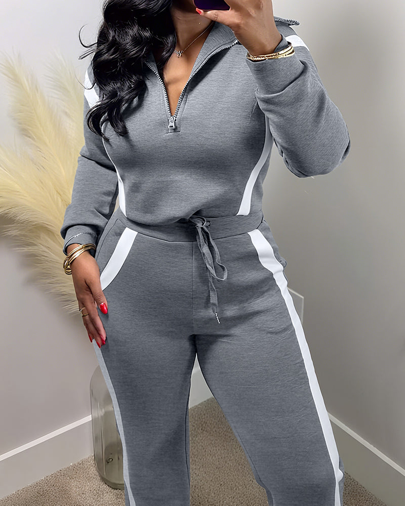 2 Pieces Outfit Half Zip Long Sleeve Top and Drawstring Elastic Waist Pants Set Casual Contrast Paneled Side Set