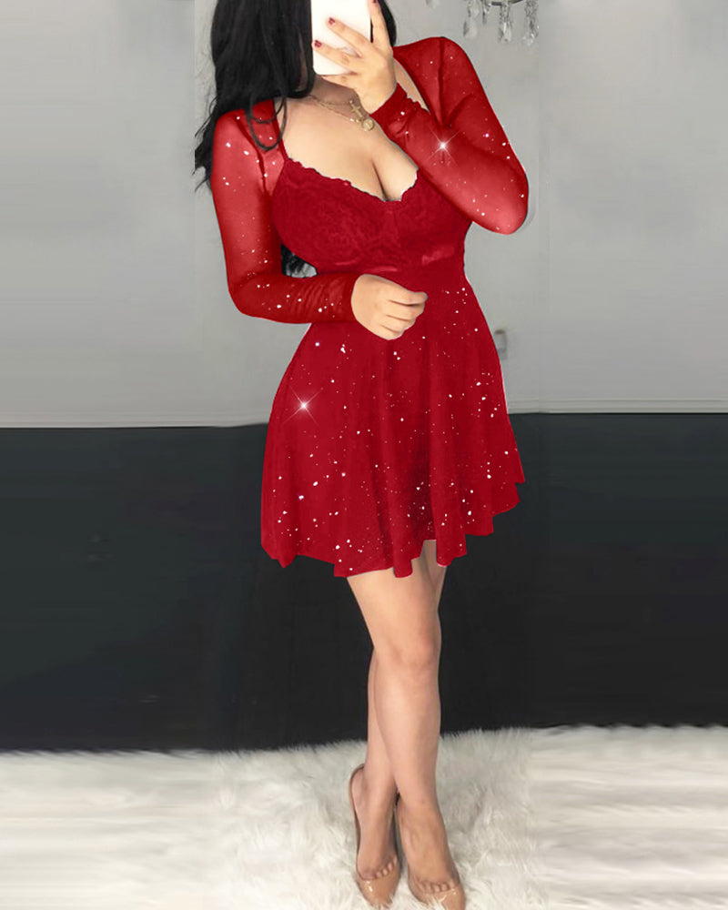 Glitter Sheer Mesh See Through Contrast Lace Long Sleeve Mini Dress Deep V Neck A Line Dresses