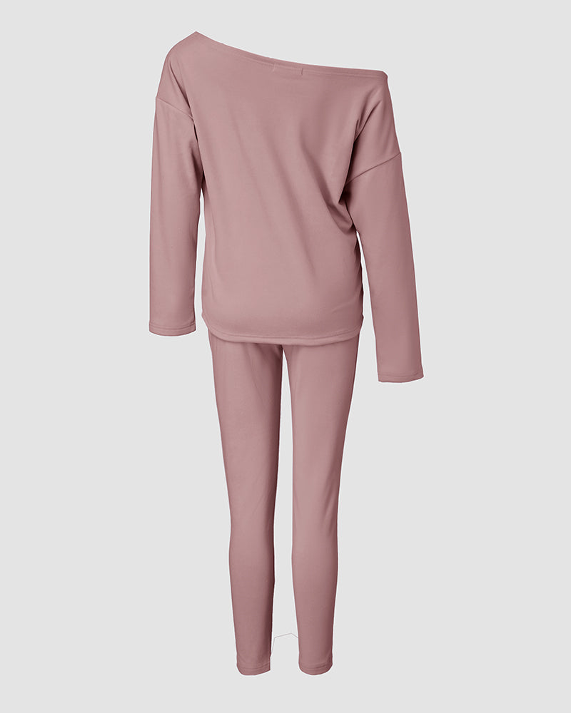 2 Pieces Outfit Long Sleeve Skew Neck Pullover Top and Drawstring Elastic Waist Slim Fit Pants Set