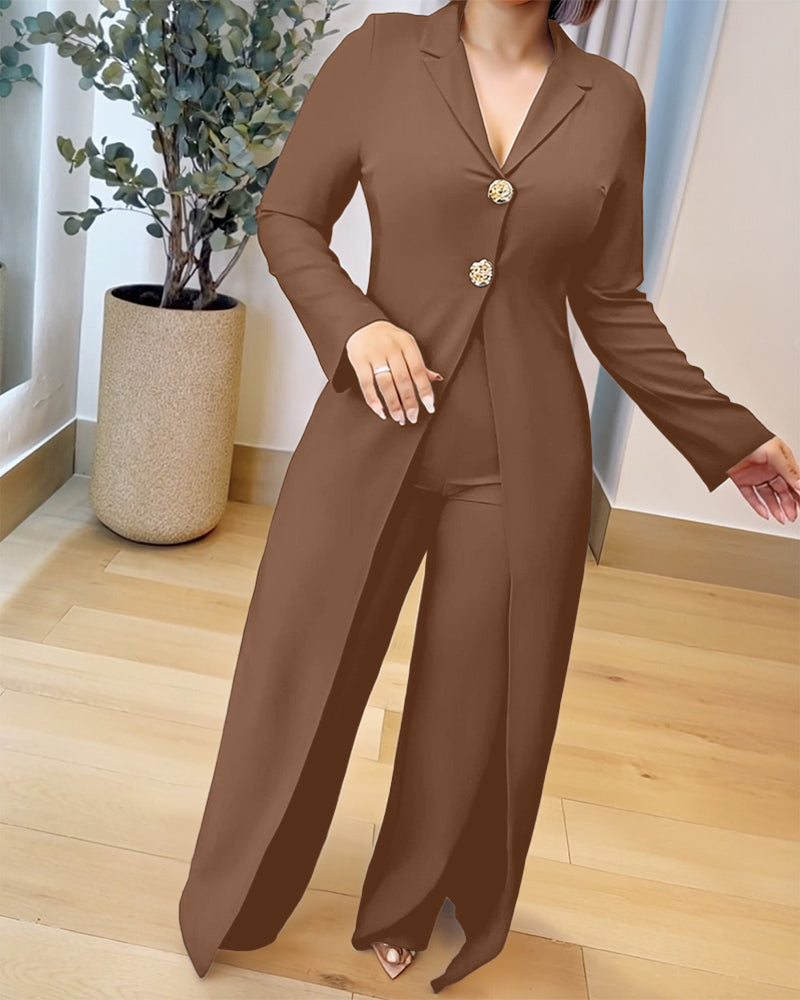 Notched Collar Long Sleeve Button Front Jumpsuit Casual Cinched Waist Wide Leg Faux Two-Piece Jumpsuit