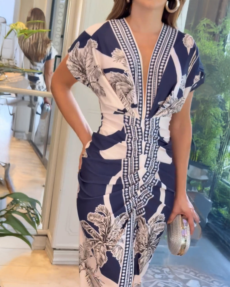 Tropical Print Deep V Neck Ruched Waist-Gathered Dress Front Slit Slim Fit Vacation Dress
