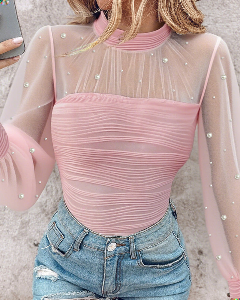 Pearls Decor High Neck Sheer Mesh Spliced Ruched Tee Hollow-out Back Slim Fit Textured Top