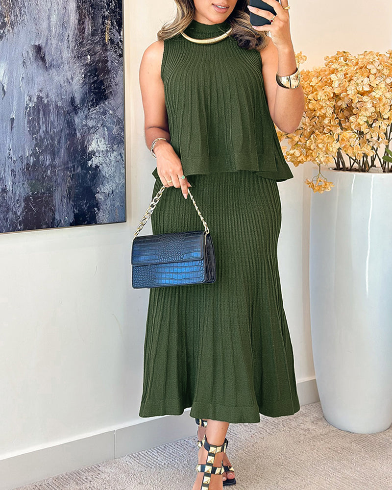 2 Pieces Outfit Sleeveless Loose A Line Pleated Knit Tank and High Waist Midi Fishtail Skirt Set