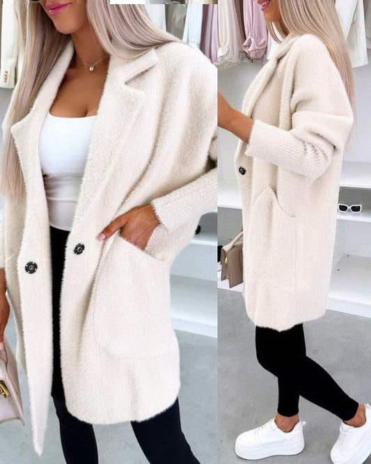 Notched Collar Long Sleeve Single Breasted Coat Casual Mid-legth Fuzzy Coat with Pockets