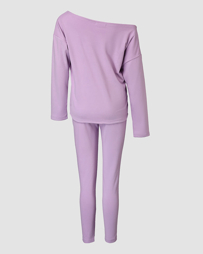 2 Pieces Outfit Long Sleeve Skew Neck Pullover Top and Drawstring Elastic Waist Slim Fit Pants Set