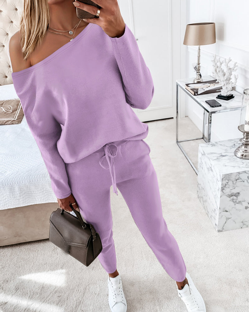 2 Pieces Outfit Long Sleeve Skew Neck Pullover Top and Drawstring Elastic Waist Slim Fit Pants Set