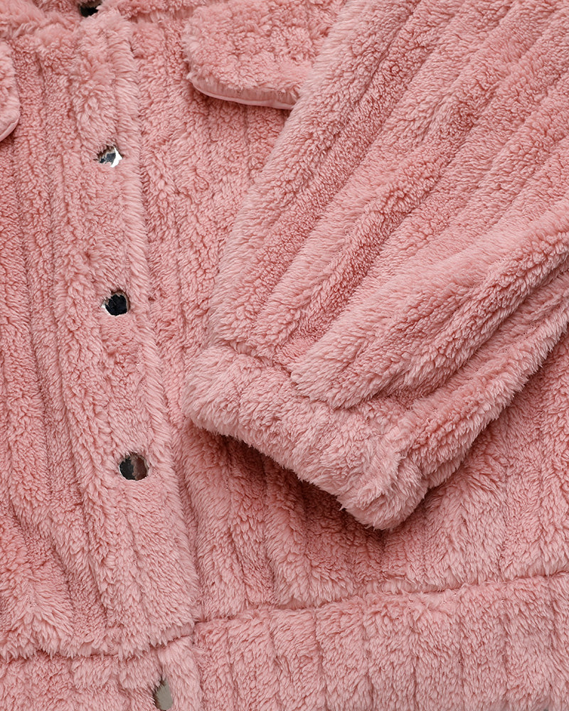 Textured Striped Turn-down Collar Button Front Elastic Cuff and Hem Teddy Fleece Jacket With Decorative Flap Pockets
