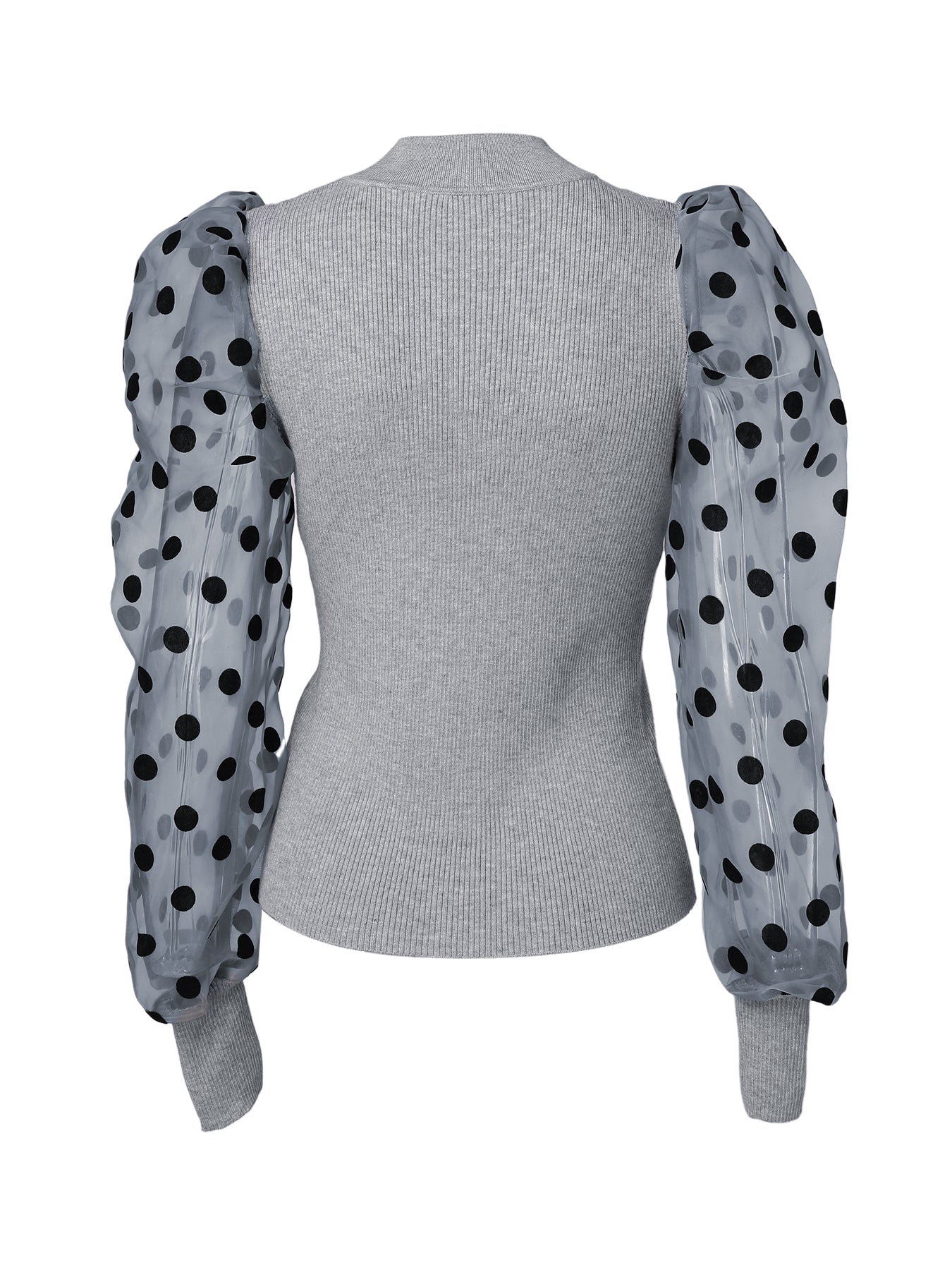 Dot Mesh Patch Mock Neck Puff Sleeve Blouse Casaul Pullover Knit Top