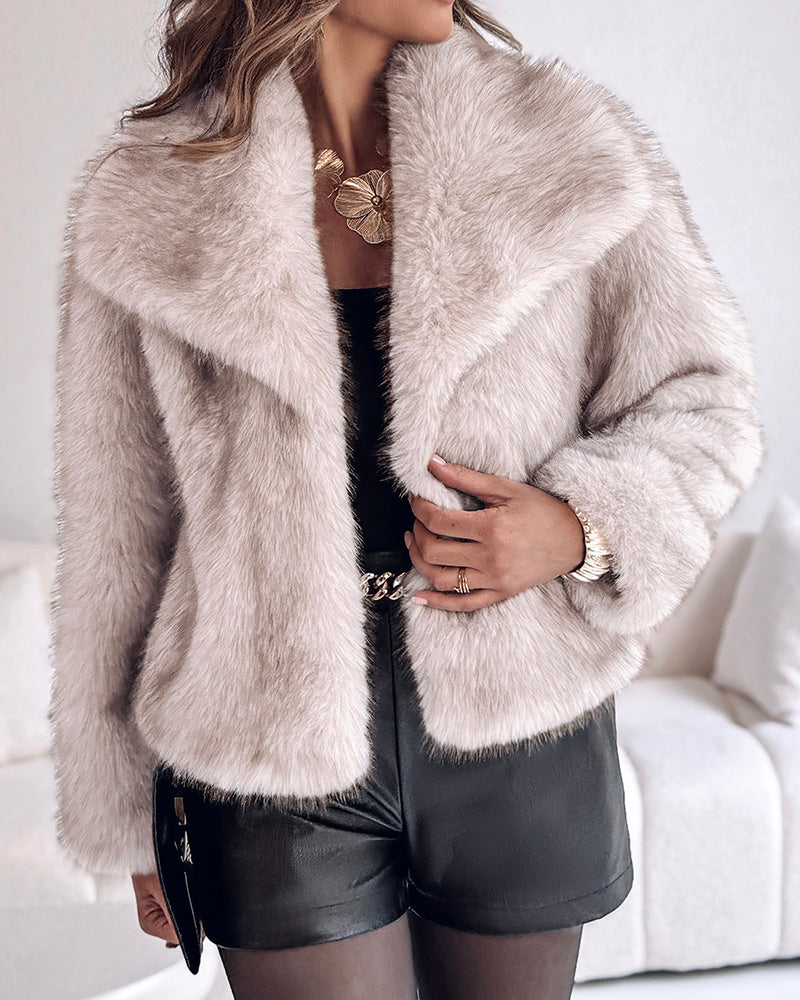 Turn-down Collar Long Sleeve Faux Fur Coat Jacket Casual Warm Fluffy Cropped Coat