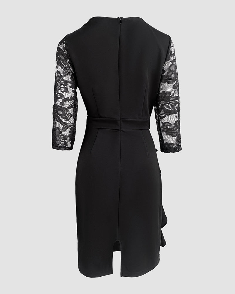 Metal Decor V-Neck Lace Spliced Three Quarters Sleeves Ruffles Design Evening Dress Zipper Back Slit Slim Fit Party Dress with Belt