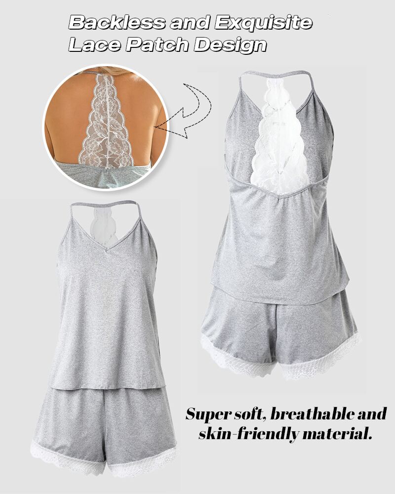 Crochet Lace Trim Backless Cami Top and Shorts Set Pajams Set Sleepwear