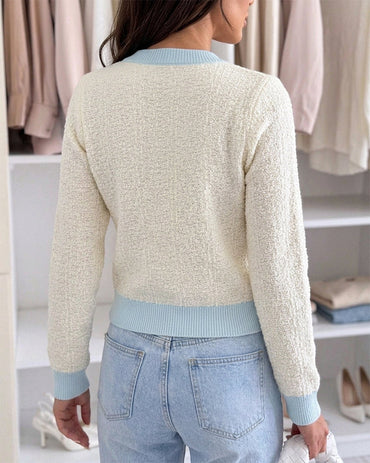 Women's Contrast Binding Knit Cardigan Pearl Beaded Textured Cropped Sweater Elegant Rhinestone Button Coat