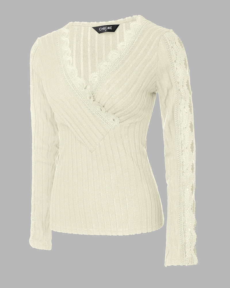 Overlap V-Neck Lace Trim Hollow-out Long Sleeve Tee Slim Fit Ribbed Layering Top