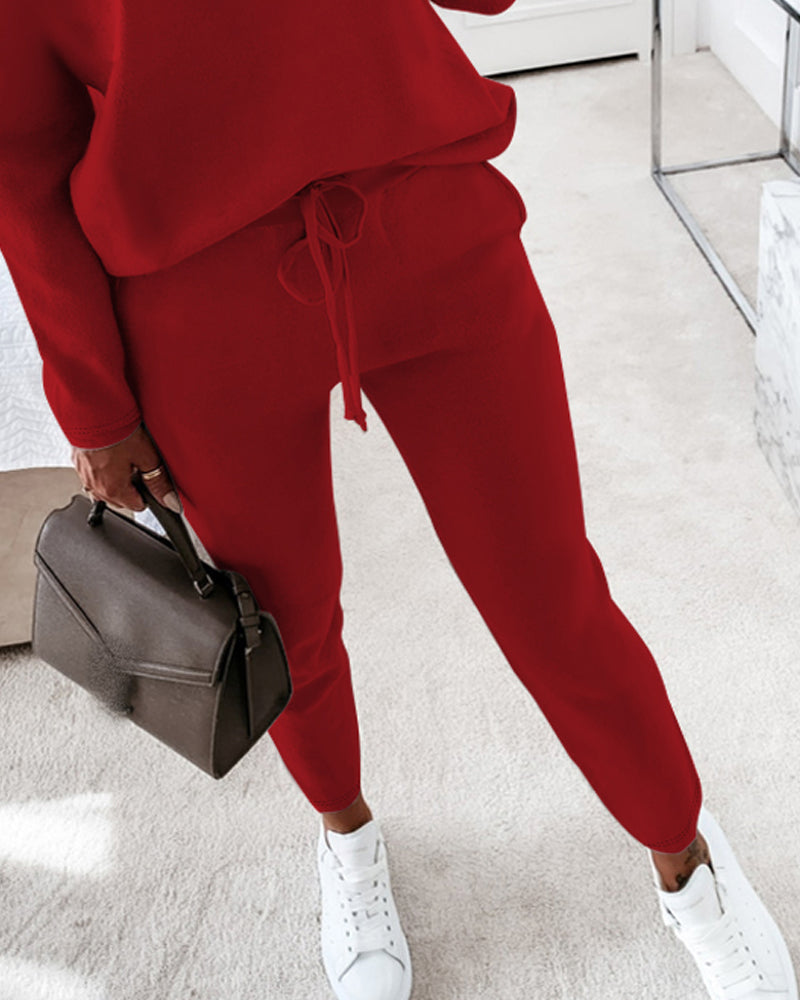 2 Pieces Outfit Long Sleeve Skew Neck Pullover Top and Drawstring Elastic Waist Slim Fit Pants Set