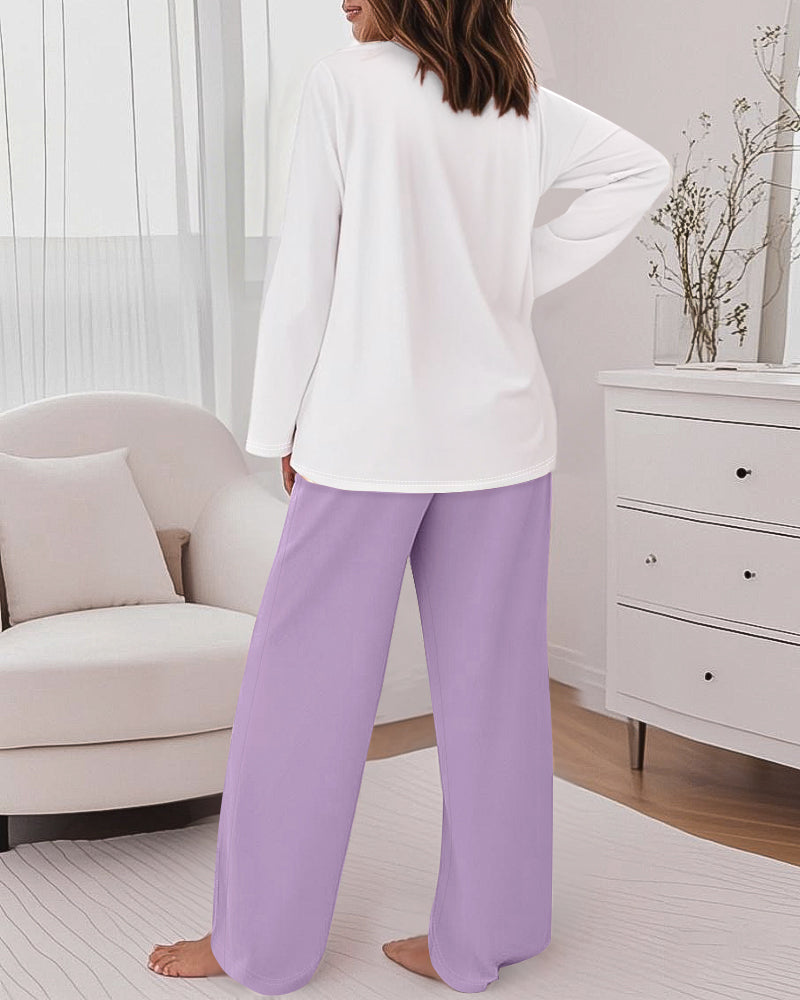 2 Pieces Outfit Floral Placement Print Long Sleeve Drop Shoulder Top and Elastic Waist Pants Set Causal Pajamas Set