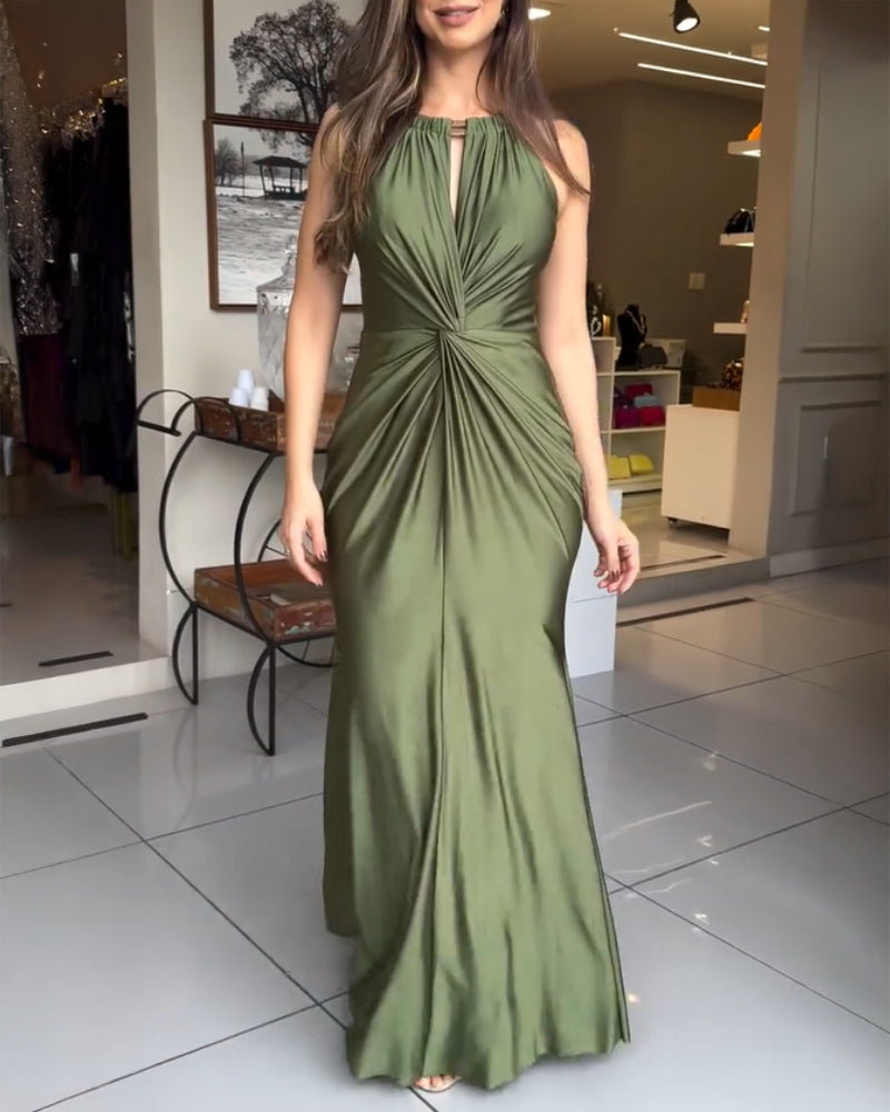 Satin Sleeveless Hollow-out Twist Front Evening Dress Tied Detail Backless Zipper Back Mermaid Hem Dress